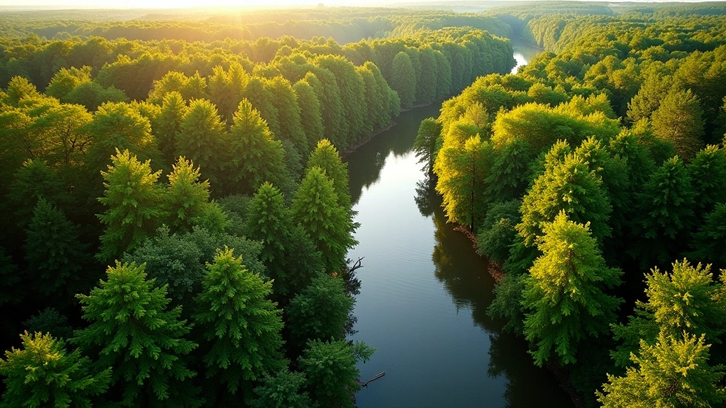 Meža taka ar upju panorāmu, lidojuma skats no augšas, sezonāla zaļā krāsa, saules gaisma