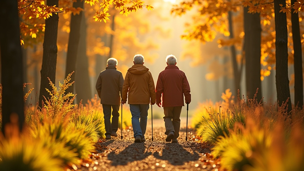 Seniori pārgājienā meža takā ar dabas skaistumu apkārt