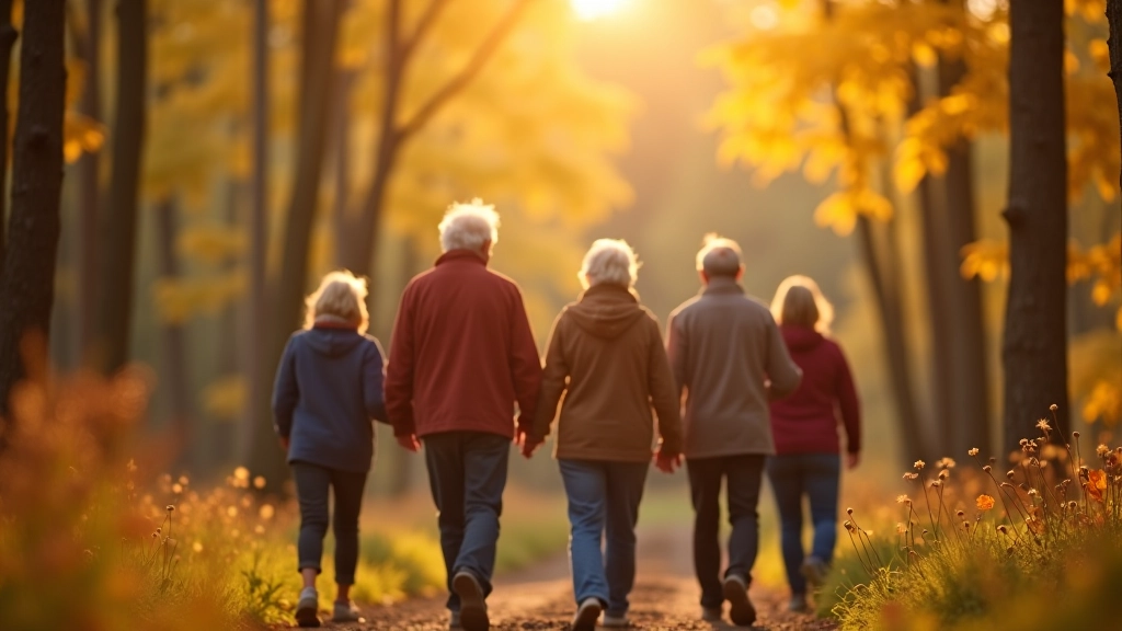 Grupa senioru pārgājiena laikā meža takā, saulainā rudens dienā