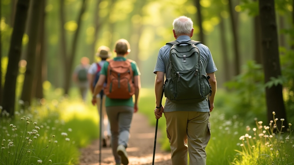 Seniori pārgājas meža takā, pieejams maršruts, koki, dabīga fona,